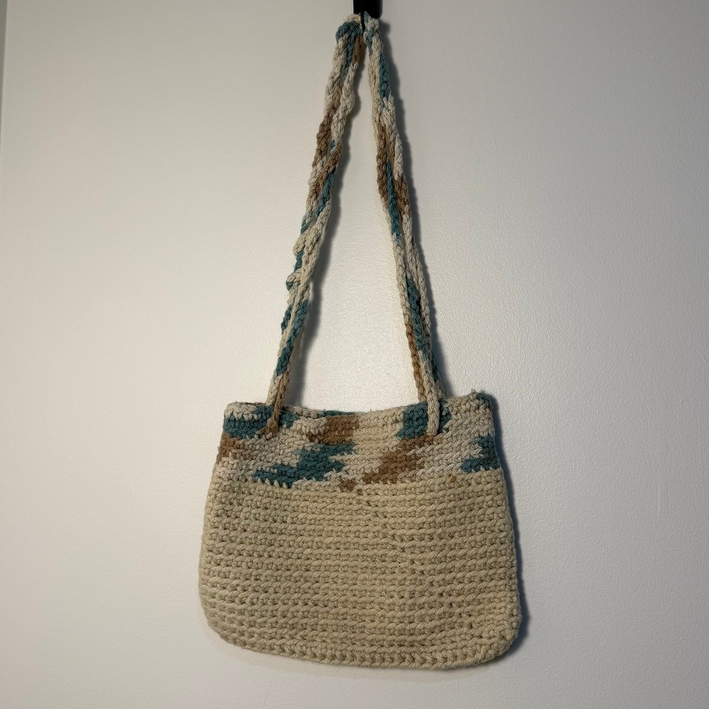 Vintage Handmade Crochet Shoulder Tote Bag Cream Teal Aztec Boho Cottagecore